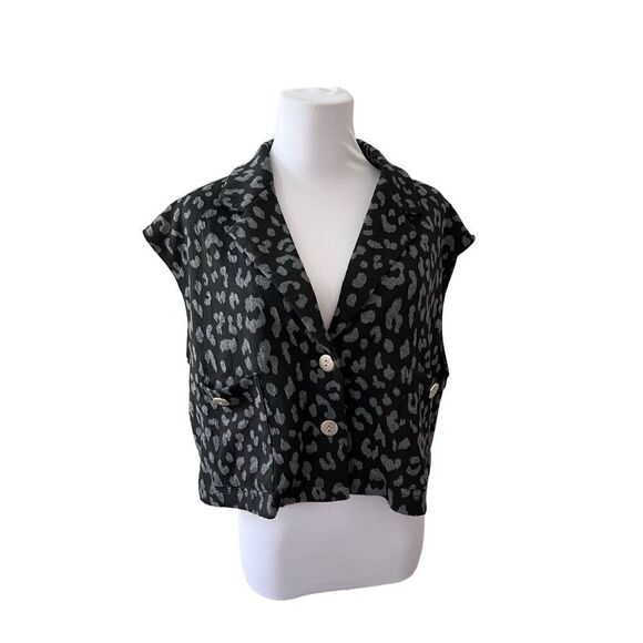 Lavish Black Grey Cropped Leopard Print Jacket Vest sz MEDIUM NWT - Picture 1 of 10